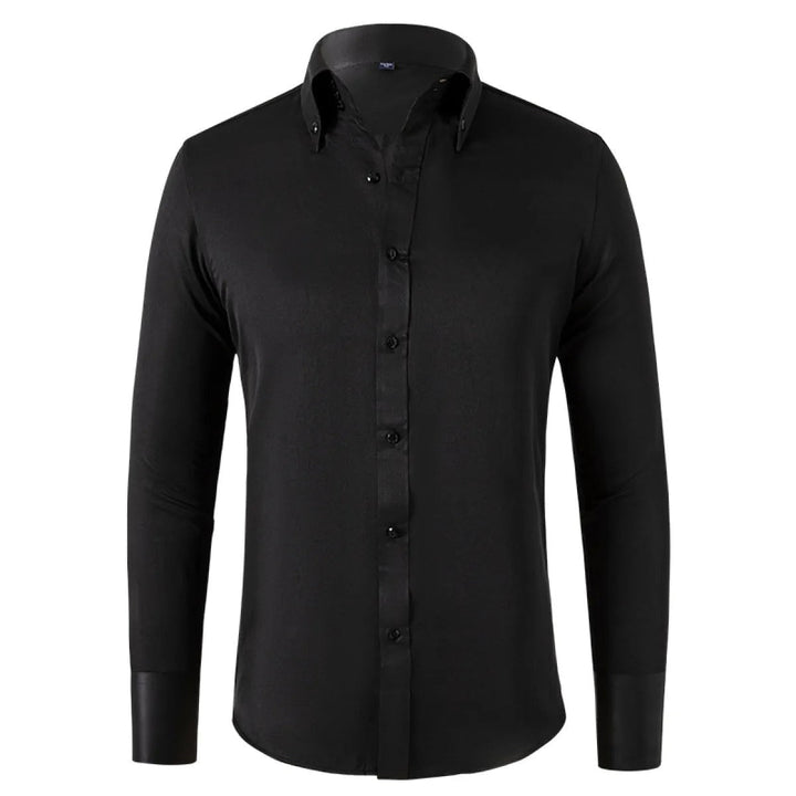 Męska elegancka koszula formalna z białej bawełny, długie rękawy, dopasowany krój, miękki i oddychający materiał dla klasycznej elegancji.