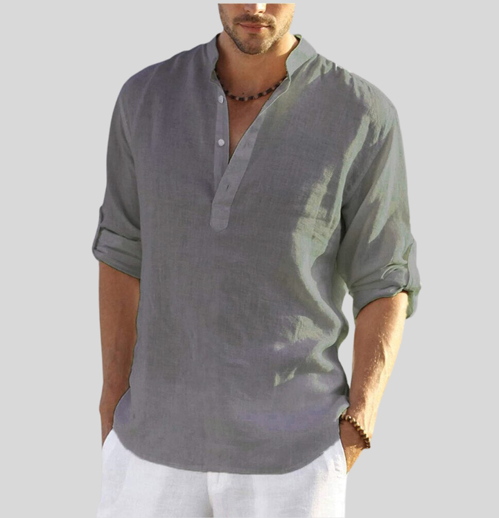 Męska koszula lniana Henley, podwinięte rękawy, świeży kolor, elegancki i przewiewny styl, idealna na lato.