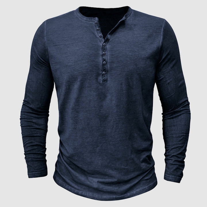 Męska klasyczna koszulka Henley z tkaniny premium, długie rękawy, dopasowany krój, ponadczasowy styl dla elegancji i komfortu.