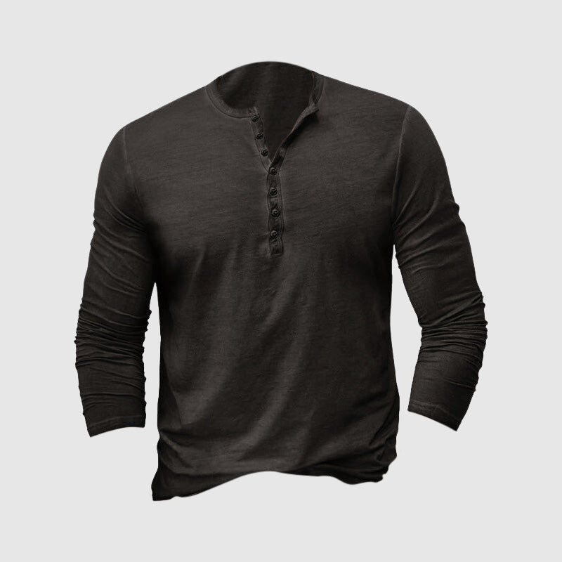 Męska klasyczna koszulka Henley z tkaniny premium, długie rękawy, dopasowany krój, ponadczasowy styl dla elegancji i komfortu.