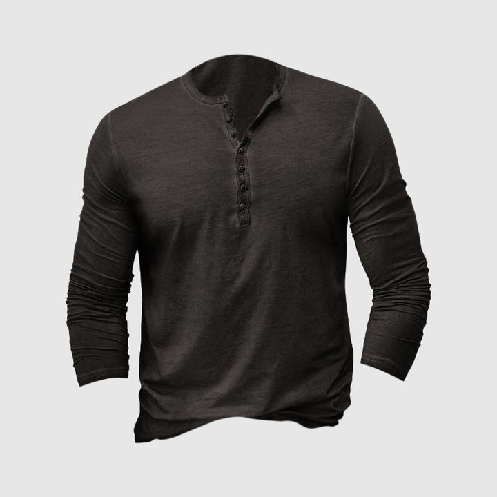 Męska klasyczna koszulka Henley z tkaniny premium, długie rękawy, dopasowany krój, ponadczasowy styl dla elegancji i komfortu.