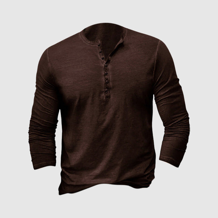 Męska klasyczna koszulka Henley z tkaniny premium, długie rękawy, dopasowany krój, ponadczasowy styl dla elegancji i komfortu.