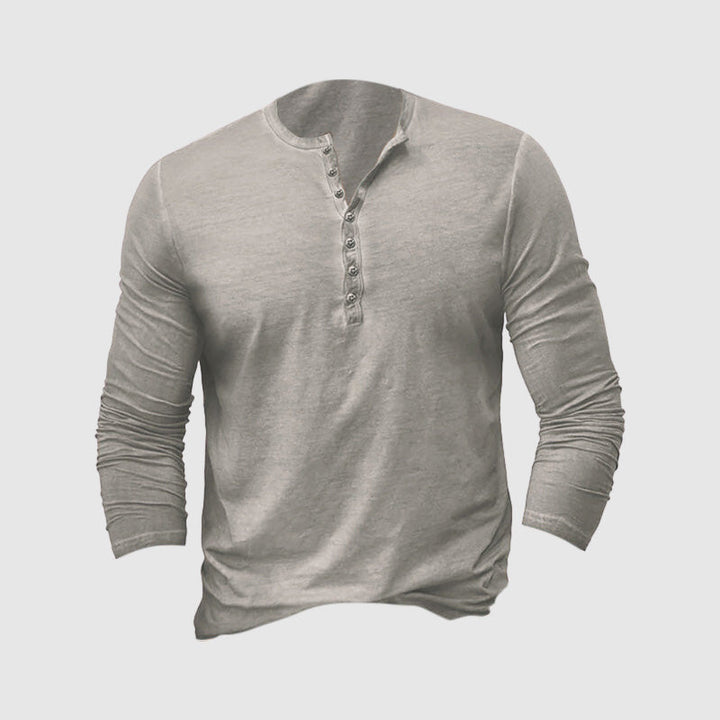 Męska klasyczna koszulka Henley z tkaniny premium, długie rękawy, dopasowany krój, ponadczasowy styl dla elegancji i komfortu.