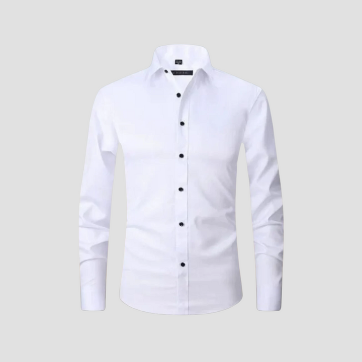 Elegancka męska koszula slim fit, nowoczesny styl, widok z przodu, dopasowany krój, klasyczny kołnierz, miękki materiał, bordowy kolor, wyraźne linie