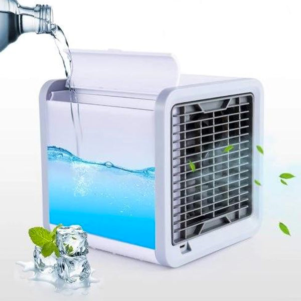 Kompaktowy, wielofunkcyjny przenośny klimatyzator 3-w-1 z wielokolorowym oświetleniem LED, idealny do chłodzenia i nawilżania.