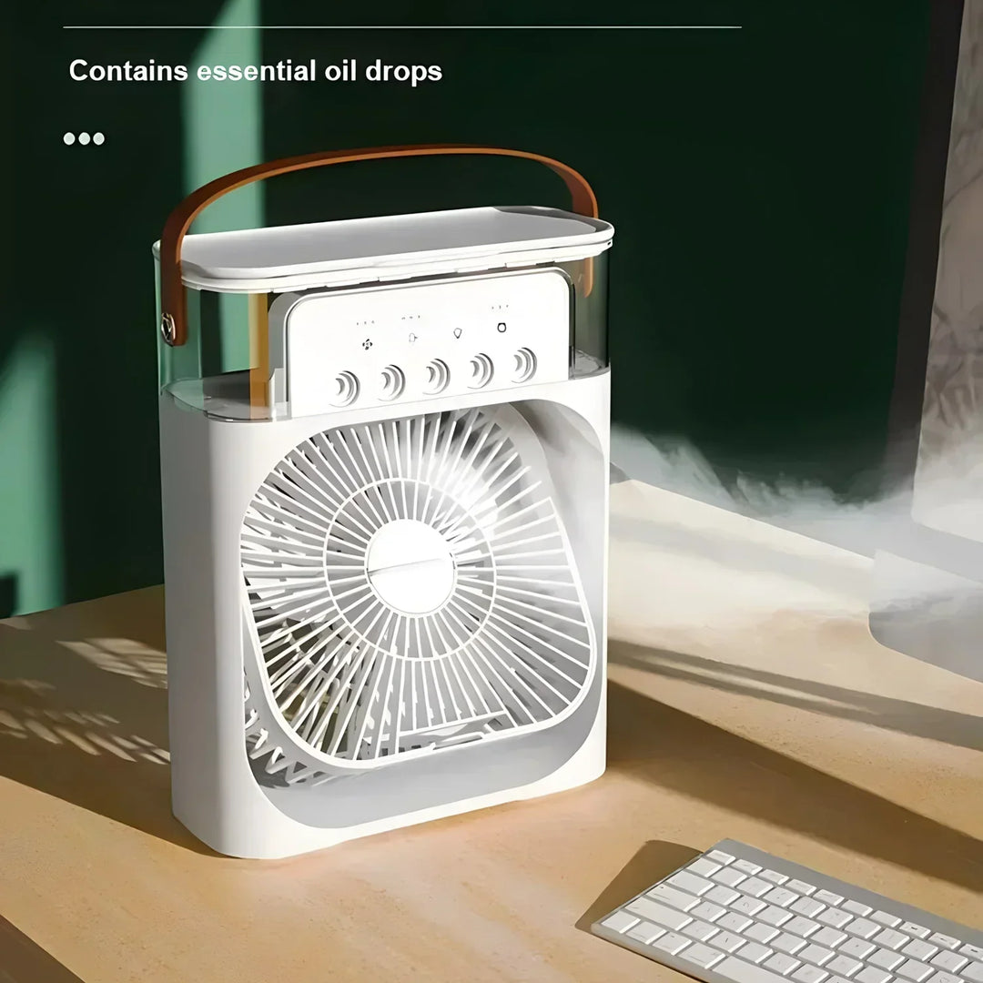 Biały przenośny klimatyzator 3w1 z LED, wbudowanym wentylatorem i nawilżaczem dla optymalnego komfortu, kompaktowy design.