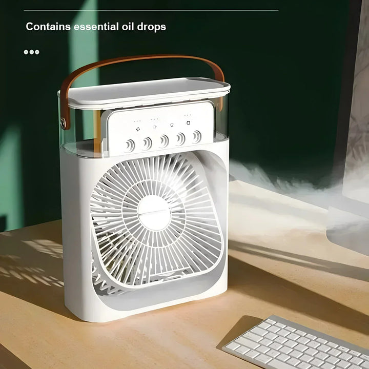 Biały przenośny klimatyzator 3w1 z LED, wbudowanym wentylatorem i nawilżaczem dla optymalnego komfortu, kompaktowy design.