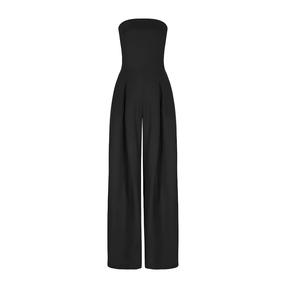 Damski elegancki kombinezon bez ramiączek, podkreślający sylwetkę, w głębokim odcieniu koloru niebieskiego, idealny na wieczorne wyjścia oraz na co dzień.