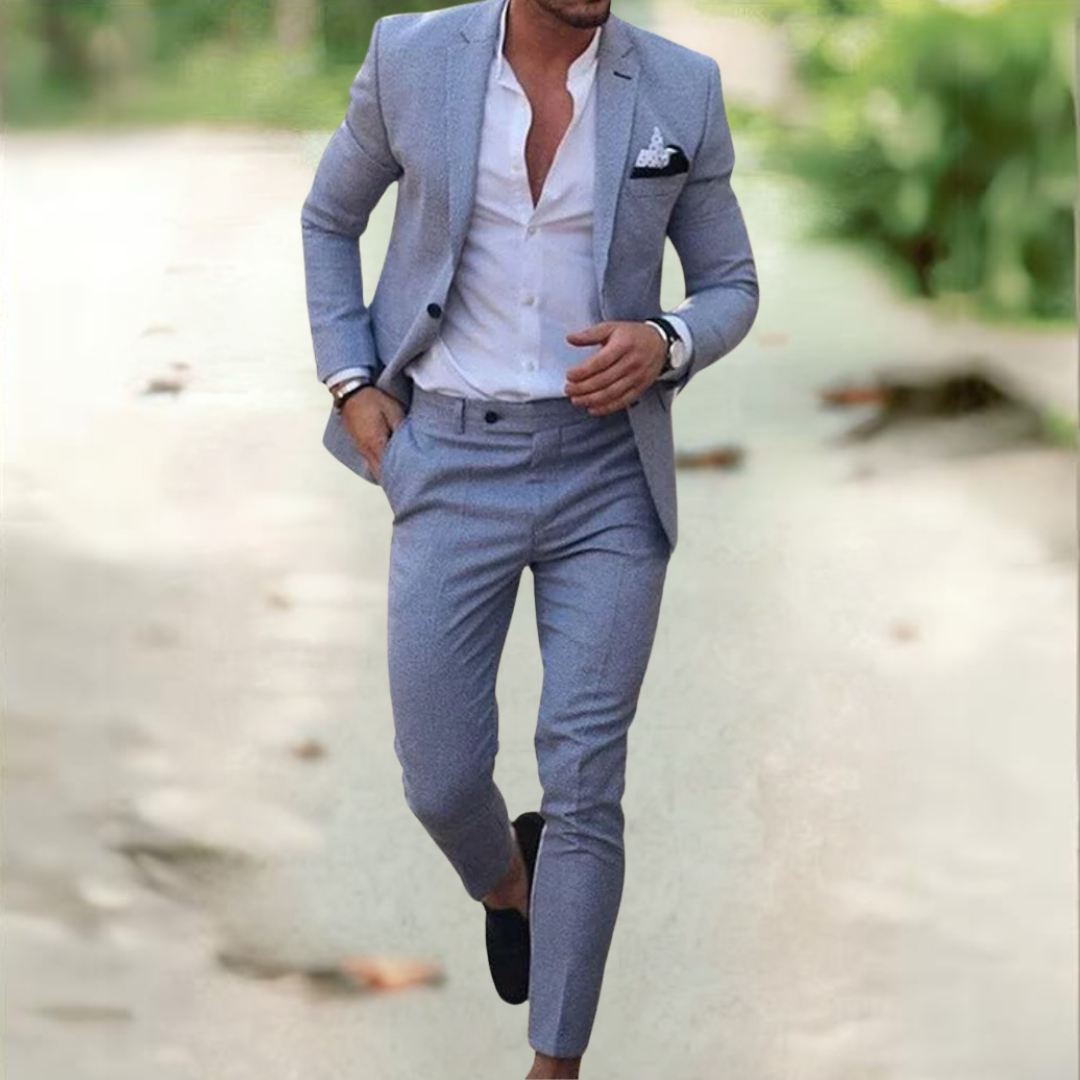 Lniany garnitur męski Viktor, marynarka i spodnie na okazje biznesowe