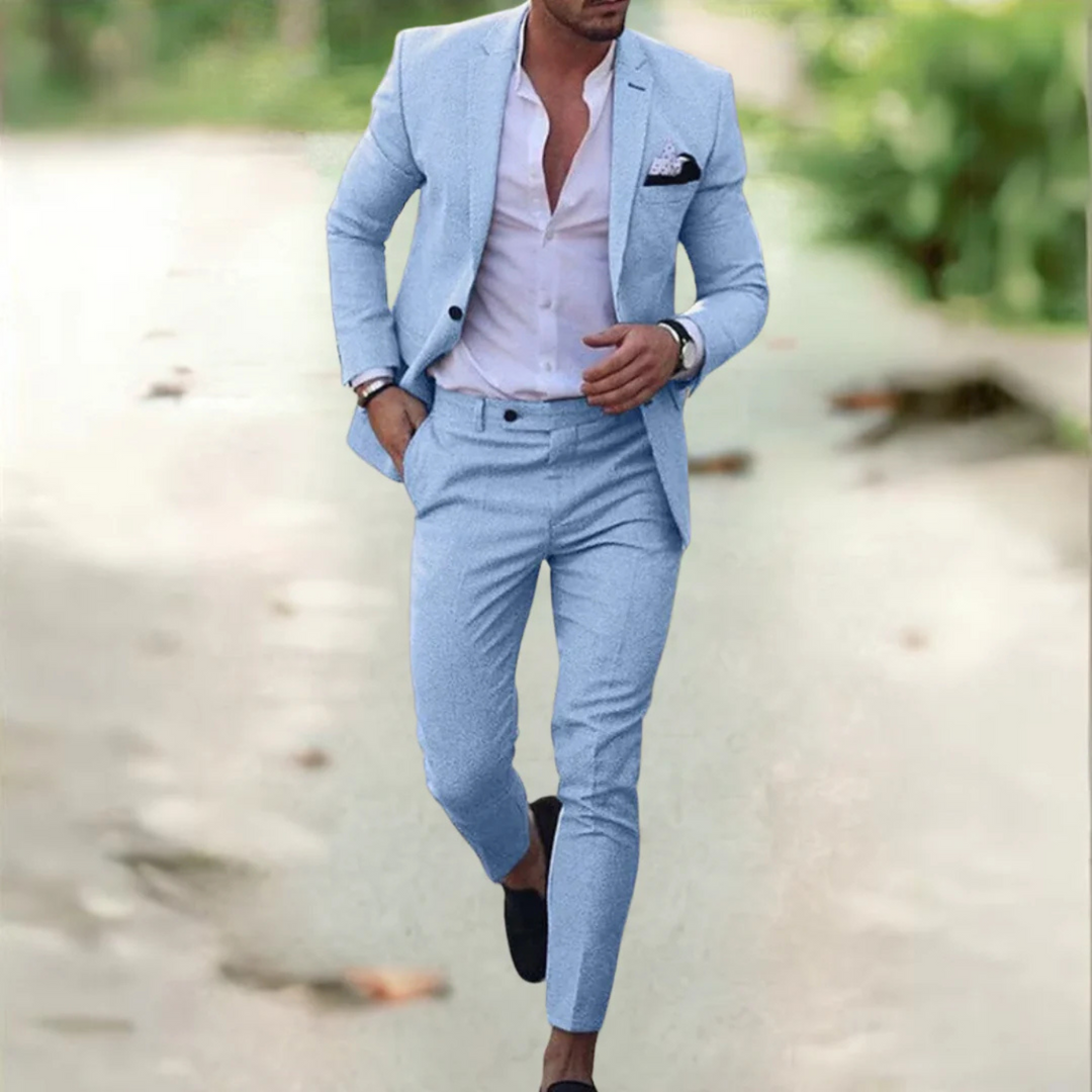 Elegancki męski garnitur slim fit, dopasowany krój, lekki materiał, na białym tle, idealny na formalne i biznesowe okazje.