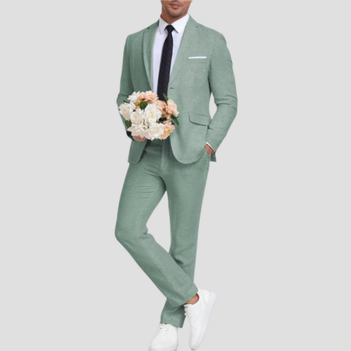 Męski lekki elegancki garnitur z lnu i bawełny, oddychający materiał, marynarka dwuguzikowa, stylowe zwężane spodnie na lato.