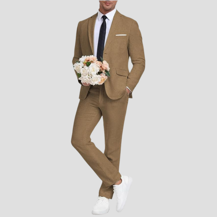 Męski lekki elegancki garnitur z lnu i bawełny, oddychający materiał, marynarka dwuguzikowa, stylowe zwężane spodnie na lato.