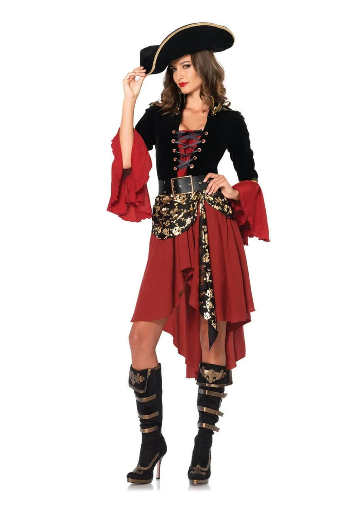 Szykowny kostium piratki dla kobiet, elegancka sukienka z kapeluszem, wysokiej jakości tkaniny, finezyjne detale, idealny na imprezy tematyczne.