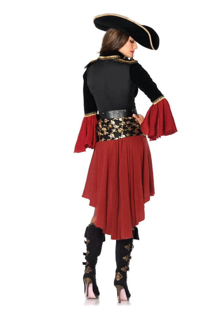 Szykowny kostium piratki dla kobiet, elegancka sukienka z kapeluszem, wysokiej jakości tkaniny, finezyjne detale, idealny na imprezy tematyczne.