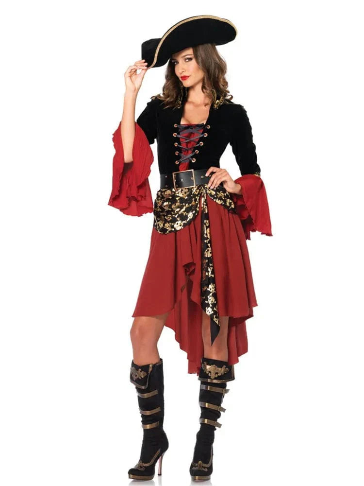Szykowny kostium piratki dla kobiet, elegancka sukienka z kapeluszem, wysokiej jakości tkaniny, finezyjne detale, idealny na imprezy tematyczne.