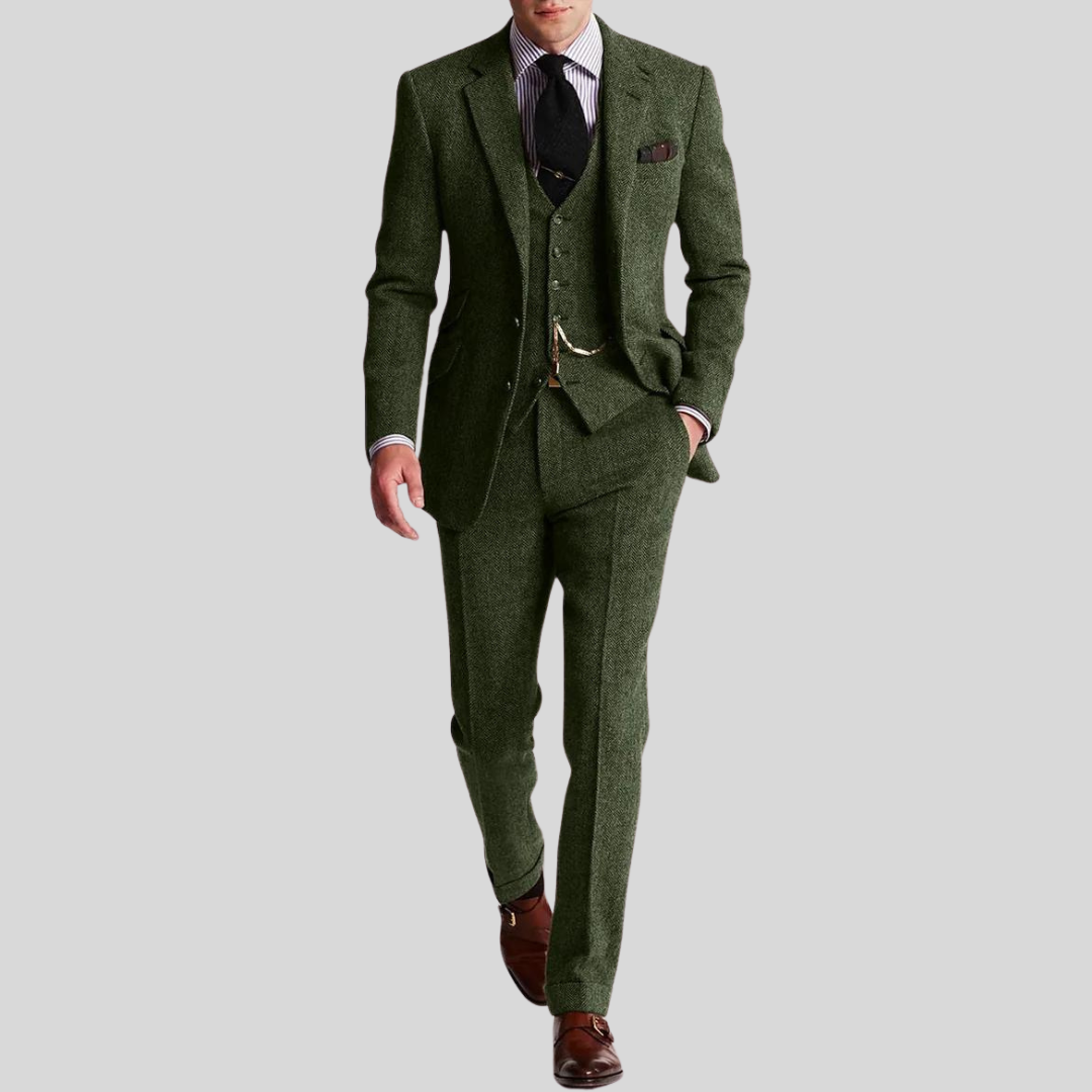 Męski trzyczęściowy garnitur z eleganckiego tweedu, krój slim, guziki i wykończenia, wyrafinowany i nowoczesny styl.