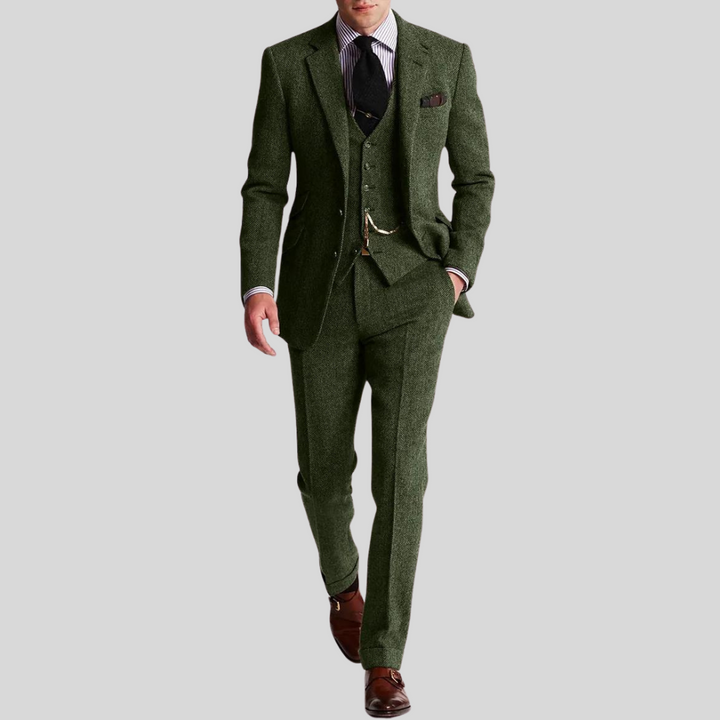 Męski trzyczęściowy garnitur z eleganckiego tweedu, krój slim, guziki i wykończenia, wyrafinowany i nowoczesny styl.
