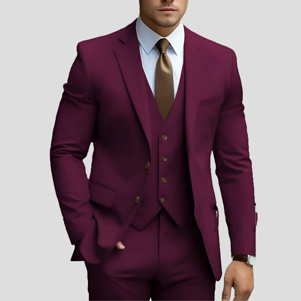 Męski garnitur slim fit w kolorze beżowym – elegancki i nowoczesny – trzyczęściowy, z marynarką, spodniami i kamizelką