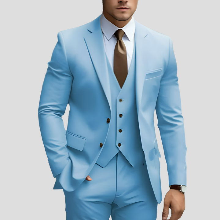 Męski garnitur slim fit w kolorze beżowym – elegancki i nowoczesny – trzyczęściowy, z marynarką, spodniami i kamizelką
