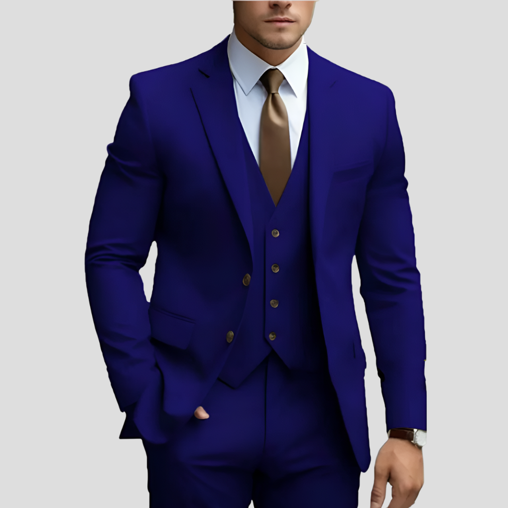 Męski garnitur slim fit w kolorze beżowym – elegancki i nowoczesny – trzyczęściowy, z marynarką, spodniami i kamizelką