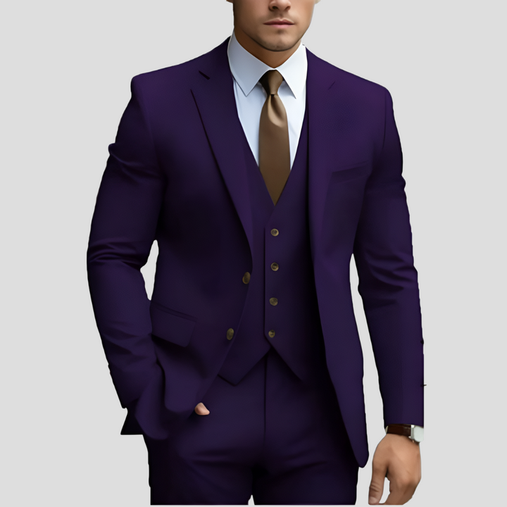 Męski garnitur slim fit w kolorze beżowym – elegancki i nowoczesny – trzyczęściowy, z marynarką, spodniami i kamizelką