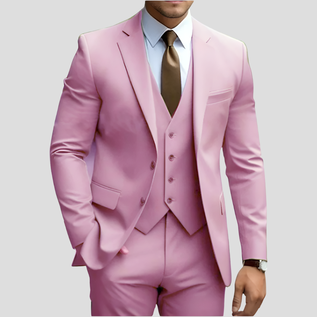 Męski garnitur slim fit w kolorze beżowym – elegancki i nowoczesny – trzyczęściowy, z marynarką, spodniami i kamizelką
