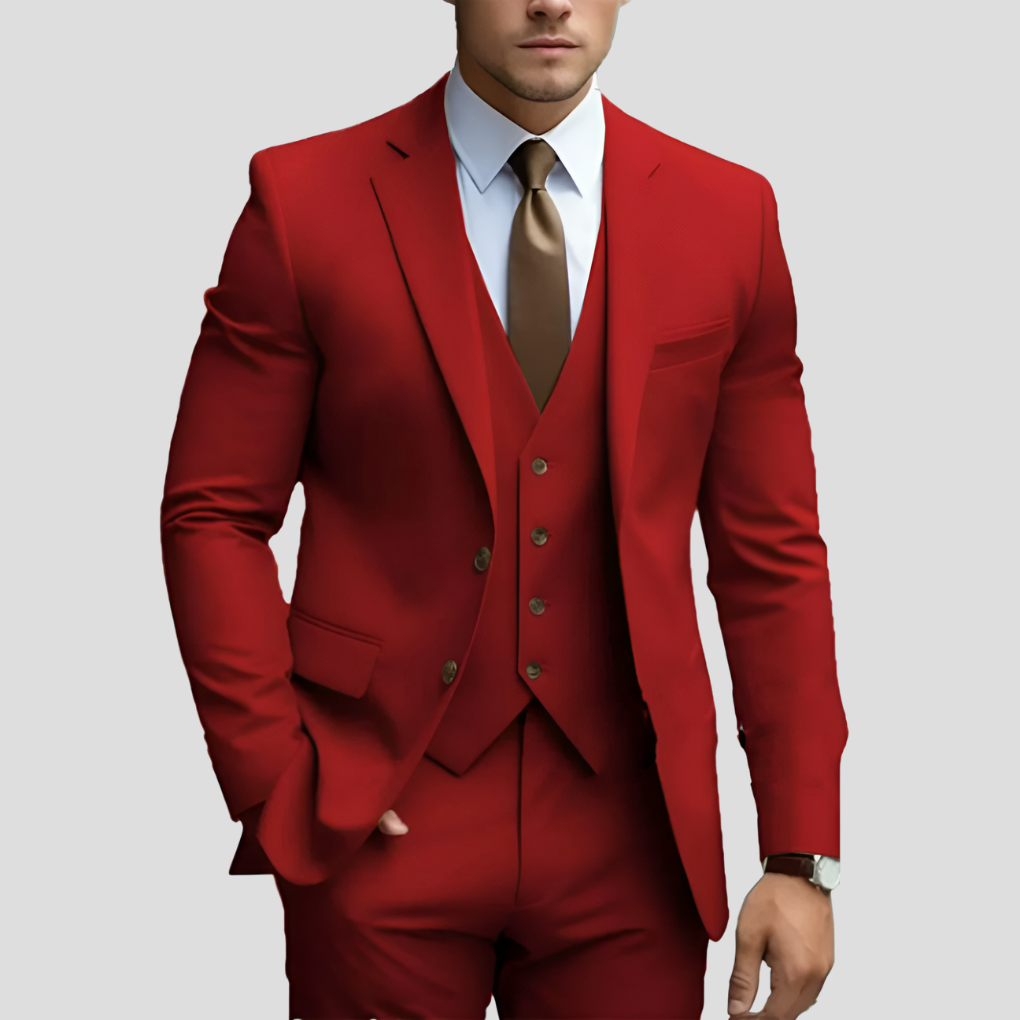 Męski garnitur slim fit w kolorze beżowym – elegancki i nowoczesny – trzyczęściowy, z marynarką, spodniami i kamizelką