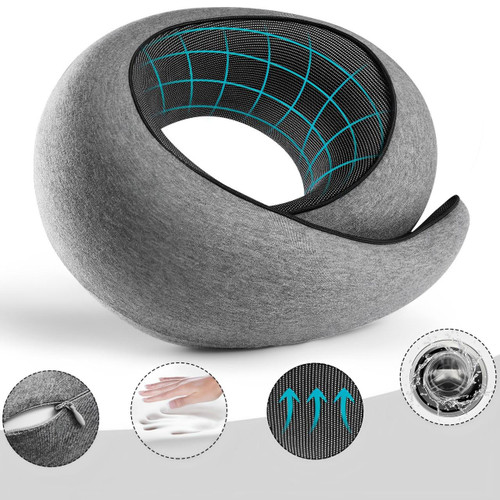 Ergonomiczna poduszka podróżna z szarej pianki memory, lekka i kompaktowa, idealna do podparcia szyi w podróży.
