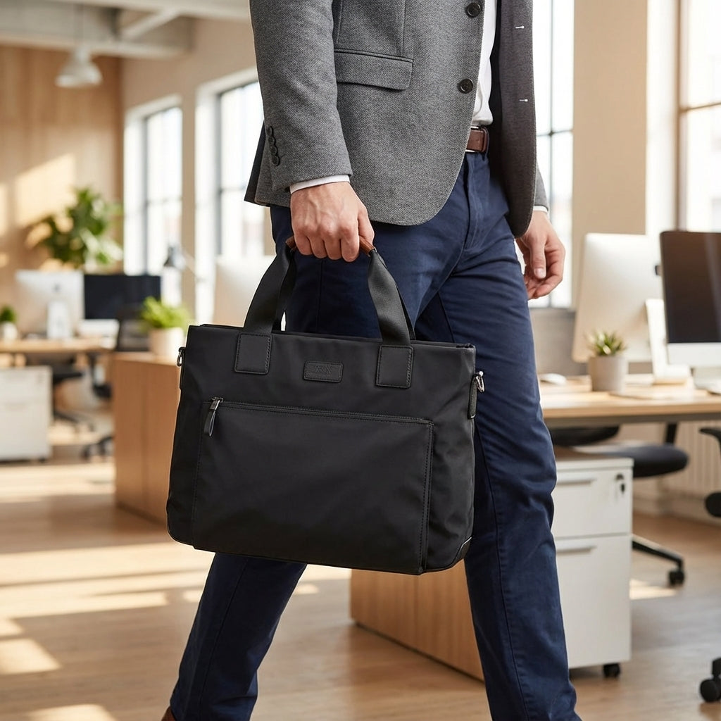 Czarna torba na laptopa Oxford ShieldBag, elegancka i ochronna, idealna do pracy i w podróży.