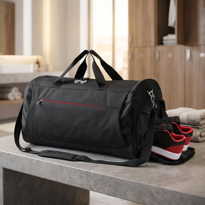 Czarna torba sportowa DufflePro 45L uniseks, wodoodporna, idealna na siłownię, trening, podróż weekendową.