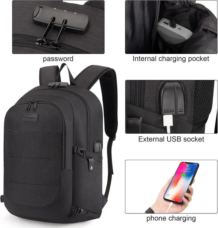 Uniwersalny plecak na laptopa z USB, niebieski, z licznymi kieszeniami. Bezpieczny organizer.
