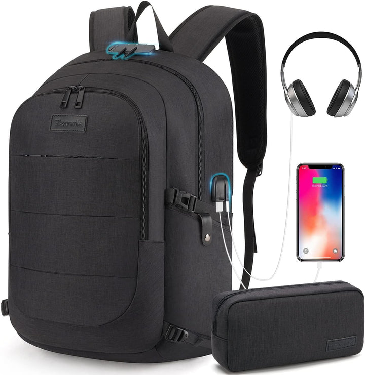 Plecak podróżny antykradzieżowy z USB, czarny, z ergonomicznymi szelkami. Wygodny i bezpieczny.