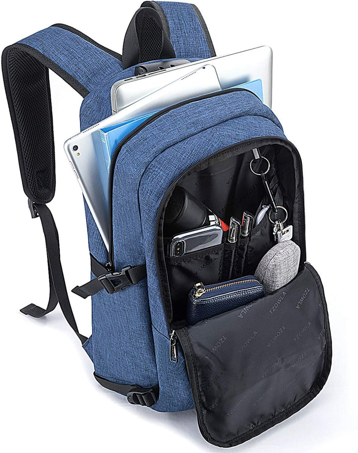 Niebieski plecak podróżny 30-50L z portem USB i systemem antykradzieżowym. Na laptopa.