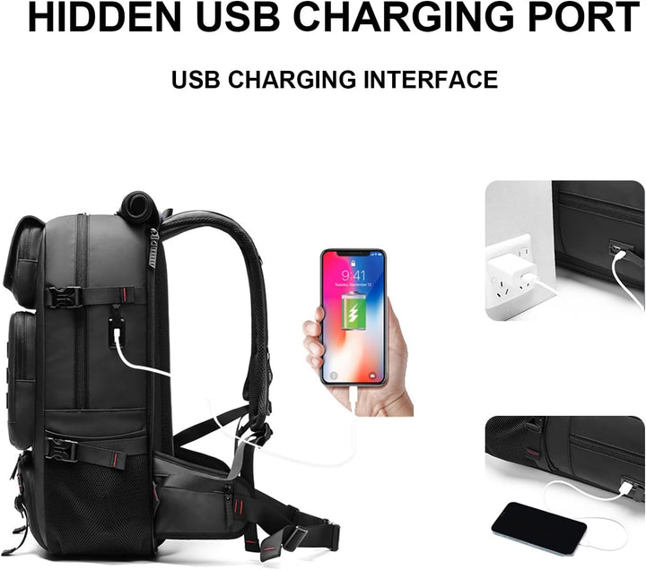 Wodoodporny plecak podróżny 50L z portem USB i komorą na buty, idealny do miasta i na szlak. Uniseks, wytrzymały.
