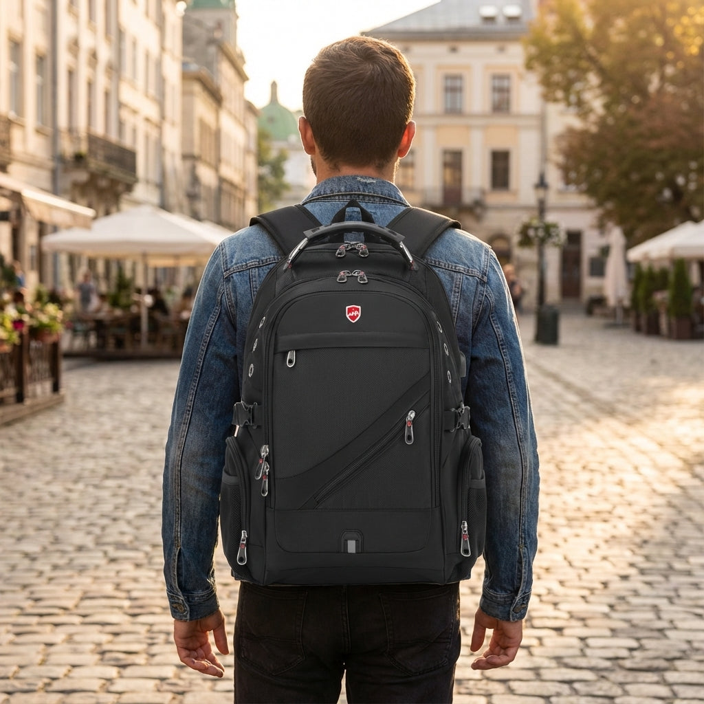 Czarny plecak podróżny VoyageVault 36-55L. Antykradzieżowy, wodoodporny plecak turystyczny z portem USB na laptopa.
