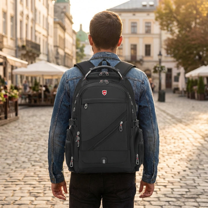 Czarny plecak podróżny VoyageVault 36-55L. Antykradzieżowy, wodoodporny plecak turystyczny z portem USB na laptopa.