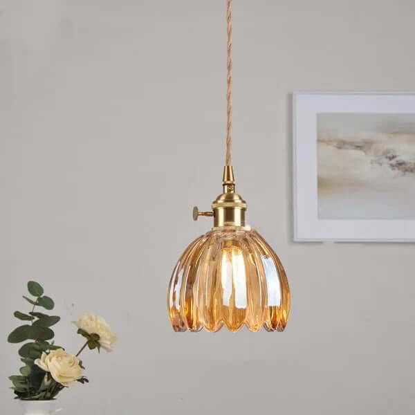 Japońska Retro Szklana Lampa Wisząca z Motywem Kwiatowym