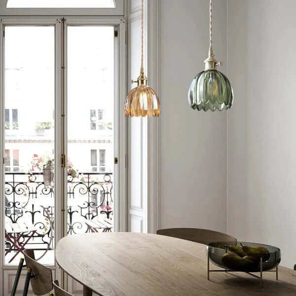 Japońska Retro Szklana Lampa Wisząca z Motywem Kwiatowym