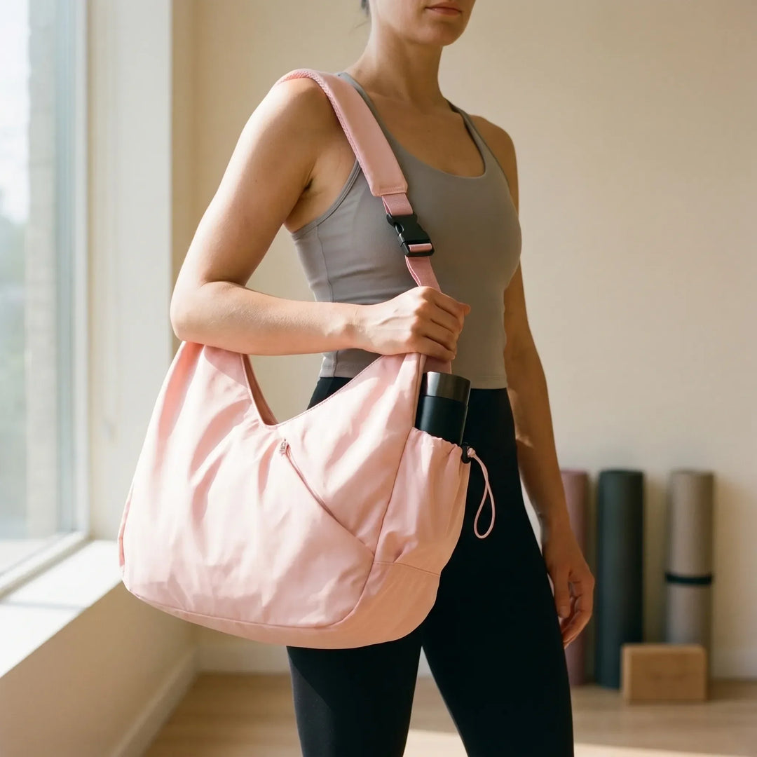 Damska torba fitness tote z paskami na matę do jogi. Idealna na trening, pojemna i stylowa.