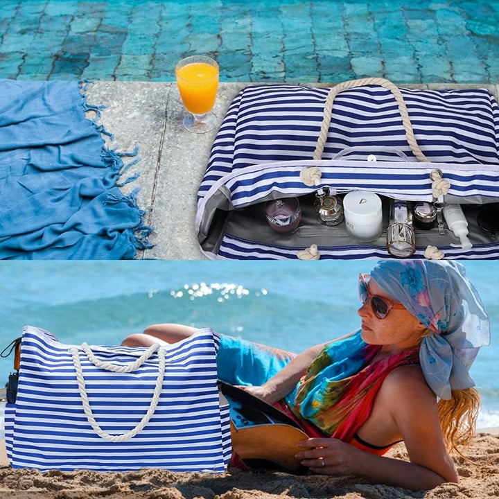Duża wodoodporna torba plażowa CoastCarry XXL z gratisową saszetką podróżną. Damska, na ramię, idealna na lato.