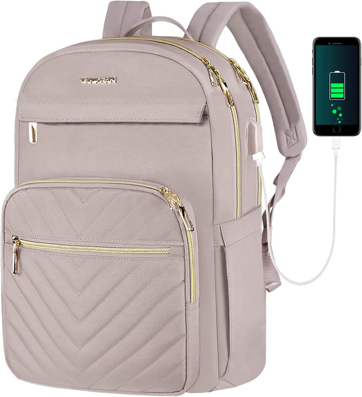 Wnętrze wodoodpornego plecaka damskiego na laptopa 15.6" z USB. Przestronna komora główna i przegroda na laptopa.