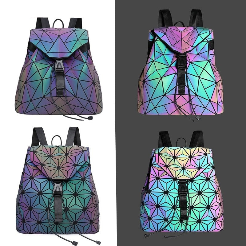 Plecak geometryczny dla kobiet, świetlisty design, modne akcesorium, funkcjonalny.