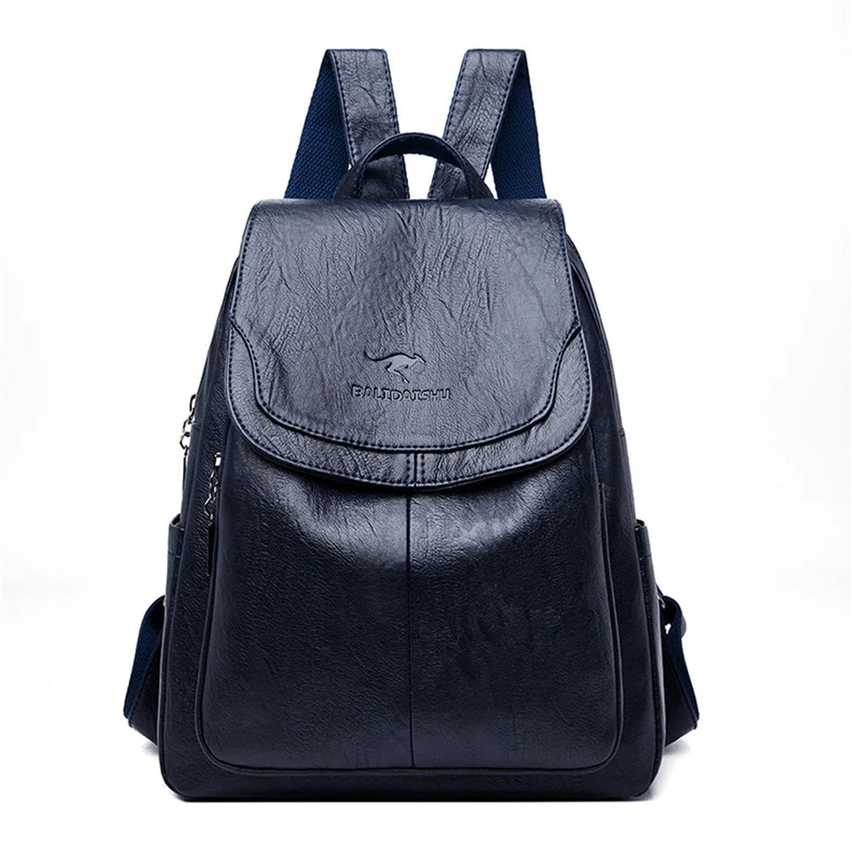 Front damskiego plecaka skórzanego antykradzieżowego, elegancki design, idealny na co dzień i w podróż.