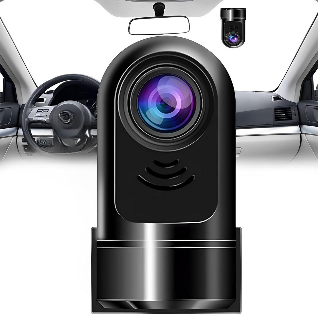 "Dashcam voiture intelligente, surveillance IA, caméra tableau de bord avec capteur avancé et ADAS, vue frontale détaillée."