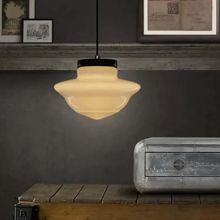 Wisząca lampa geometryczna z mlecznego białego szkła w stylu vintage