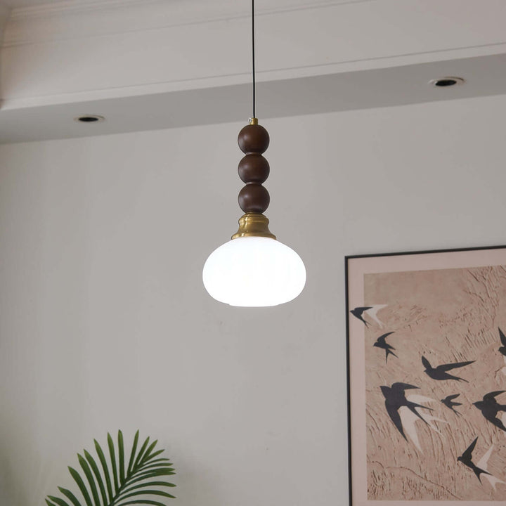 Elegancka szklana, drewniana i metalowa lampa wisząca
