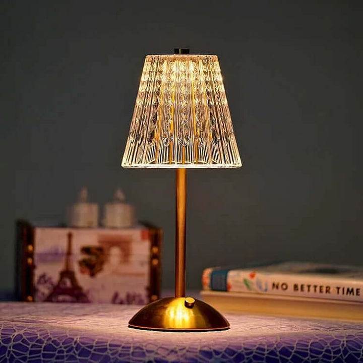 Bezprzewodowa lampa stołowa z metalu i kryształu