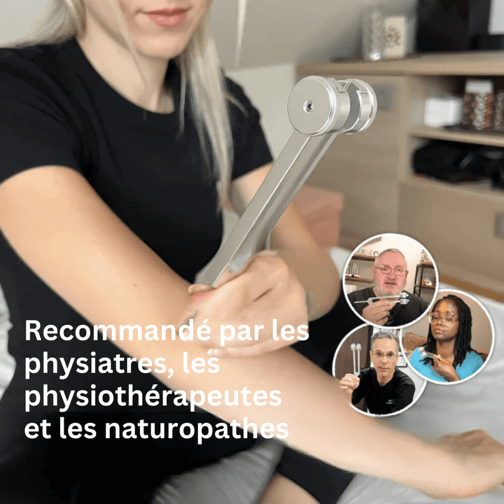Srebrny kamerton terapeutyczny 128Hz, ergonomiczny design, do relaksu i akustycznego dobrego samopoczucia w domu.