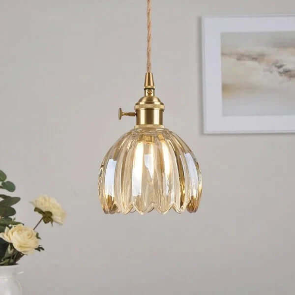 Japońska Retro Szklana Lampa Wisząca z Motywem Kwiatowym