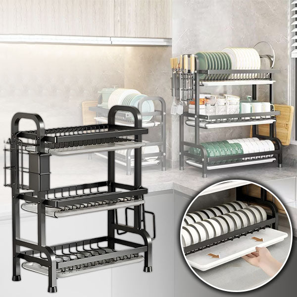 Wielopoziomowa suszarka do naczyń, kompaktowy design, solidna metalowa konstrukcja, optymalizuje przestrzeń i szybkie suszenie.